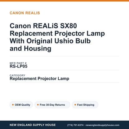 Canon REALiS SX80 Replacement Projector Lamp With Original Ushio Bulb and Housing — New England Supply House spec card [NESH-SPEC-CARD-V2]