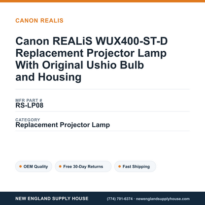 Canon REALiS WUX400-ST-D Replacement Projector Lamp With Original Ushio Bulb and Housing — New England Supply House spec card [NESH-SPEC-CARD-V2]
