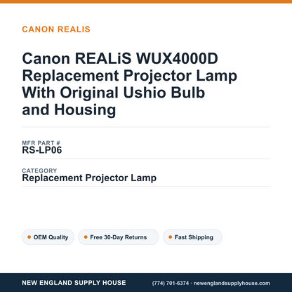 Canon REALiS WUX4000D Replacement Projector Lamp With Original Ushio Bulb and Housing — New England Supply House spec card [NESH-SPEC-CARD-V2]