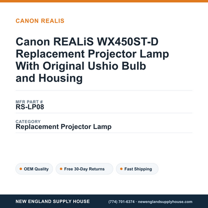 Canon REALiS WX450ST-D Replacement Projector Lamp With Original Ushio Bulb and Housing — New England Supply House spec card [NESH-SPEC-CARD-V2]