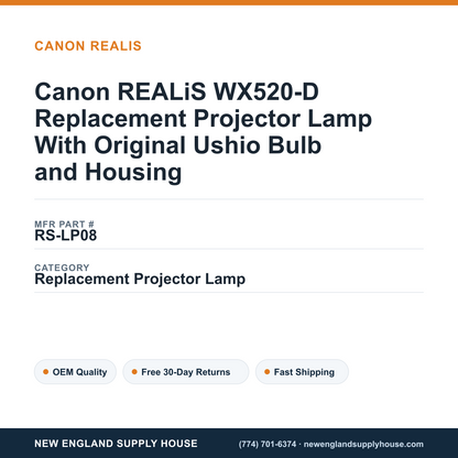Canon REALiS WX520-D Replacement Projector Lamp With Original Ushio Bulb and Housing — New England Supply House spec card [NESH-SPEC-CARD-V2]