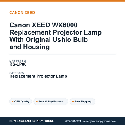 Canon XEED WX6000 Replacement Projector Lamp With Original Ushio Bulb and Housing — New England Supply House spec card [NESH-SPEC-CARD-V2]