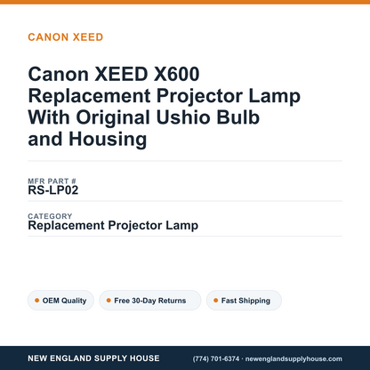 Canon XEED X600 Replacement Projector Lamp With Original Ushio Bulb and Housing — New England Supply House spec card [NESH-SPEC-CARD-V2]