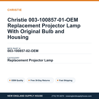 Christie 003-100857-01-OEM Replacement Projector Lamp With Original Bulb and Housing — New England Supply House spec card [NESH-SPEC-CARD-V2]