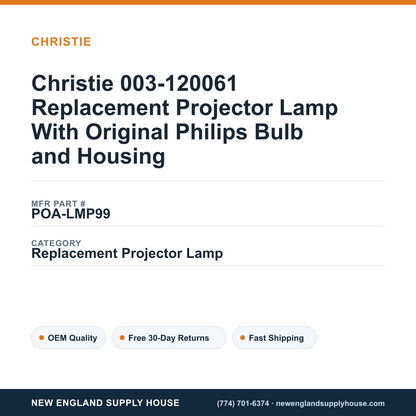 Christie 003-120061 Replacement Projector Lamp With Original Philips Bulb and Housing — New England Supply House spec card [NESH-SPEC-CARD-V2]