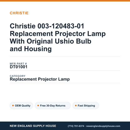 Christie 003-120483-01 Replacement Projector Lamp With Original Ushio Bulb and Housing — New England Supply House spec card [NESH-SPEC-CARD-V2]