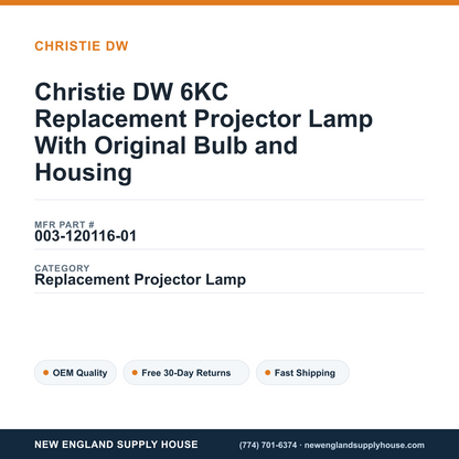 Christie DW 6KC Replacement Projector Lamp With Original Bulb and Housing — New England Supply House spec card [NESH-SPEC-CARD-V2]