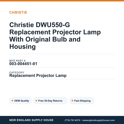 Christie DWU550-G Replacement Projector Lamp With Original Bulb and Housing — New England Supply House spec card [NESH-SPEC-CARD-V2]