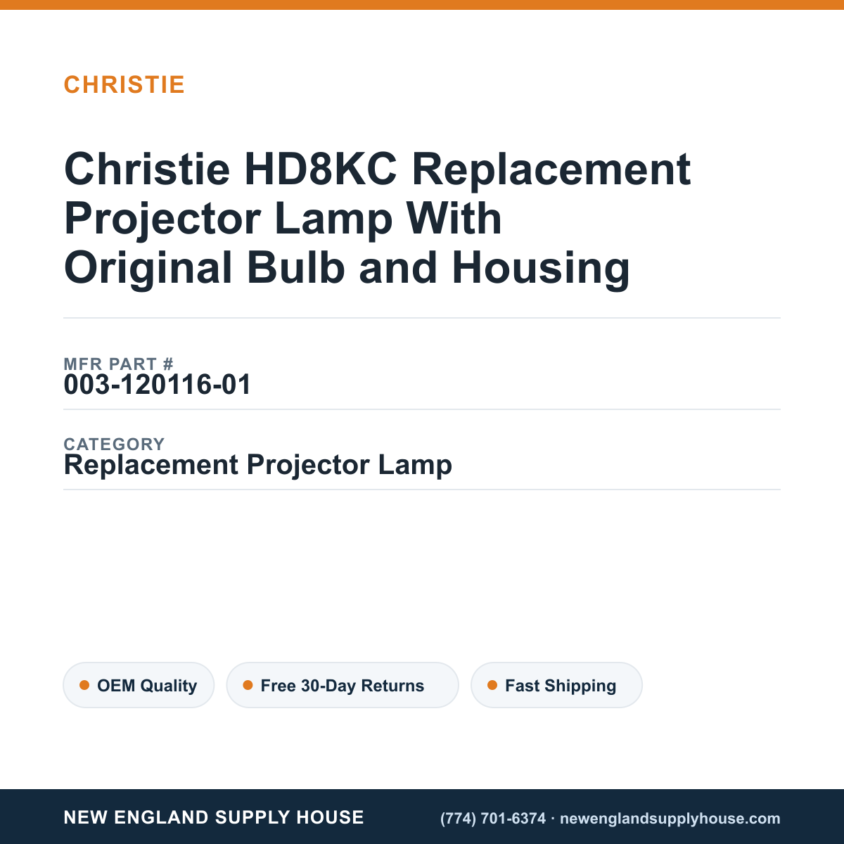 Christie HD8KC Replacement Projector Lamp With Original Bulb and Housing — New England Supply House spec card [NESH-SPEC-CARD-V2]
