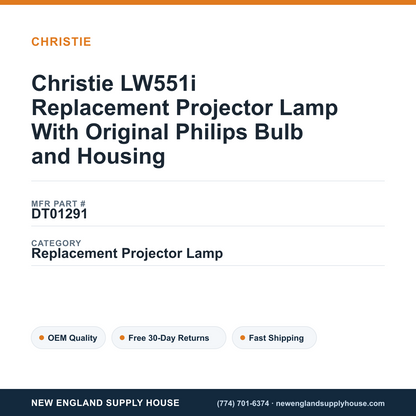 Christie LW551i Replacement Projector Lamp With Original Philips Bulb and Housing — New England Supply House spec card [NESH-SPEC-CARD-V2]