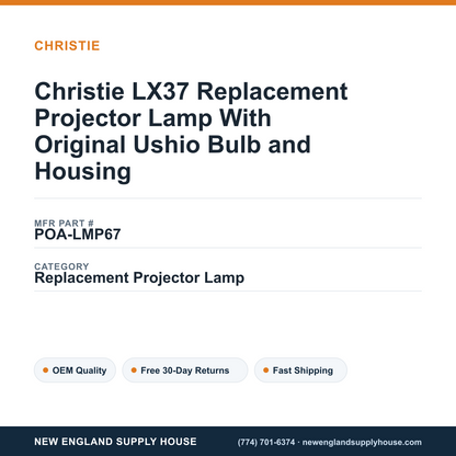 Christie LX37 Replacement Projector Lamp With Original Ushio Bulb and Housing — New England Supply House spec card [NESH-SPEC-CARD-V2]