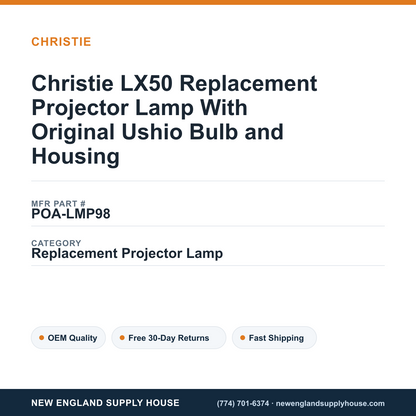 Christie LX50 Replacement Projector Lamp With Original Ushio Bulb and Housing — New England Supply House spec card [NESH-SPEC-CARD-V2]