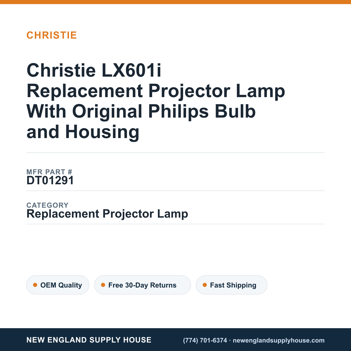 Christie LX601i Replacement Projector Lamp With Original Philips Bulb and Housing — New England Supply House spec card [NESH-SPEC-CARD-V2]