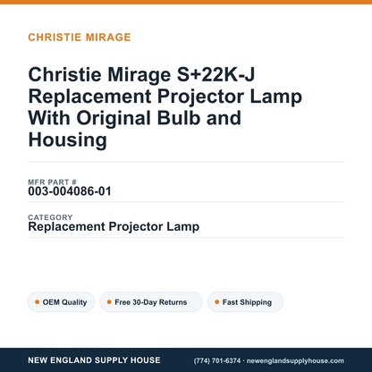 Christie Mirage S+22K-J Replacement Projector Lamp With Original Bulb and Housing — New England Supply House spec card [NESH-SPEC-CARD-V2]