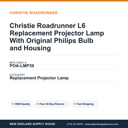 Christie Roadrunner L6 Replacement Projector Lamp With Original Philips Bulb and Housing — New England Supply House spec card [NESH-SPEC-CARD-V2]