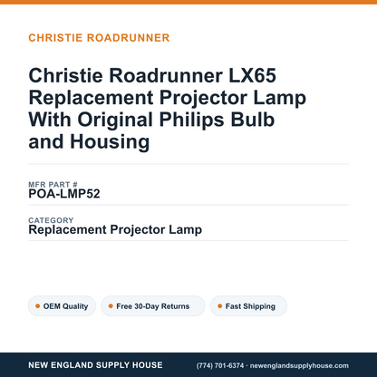 Christie Roadrunner LX65 Replacement Projector Lamp With Original Philips Bulb and Housing — New England Supply House spec card [NESH-SPEC-CARD-V2]