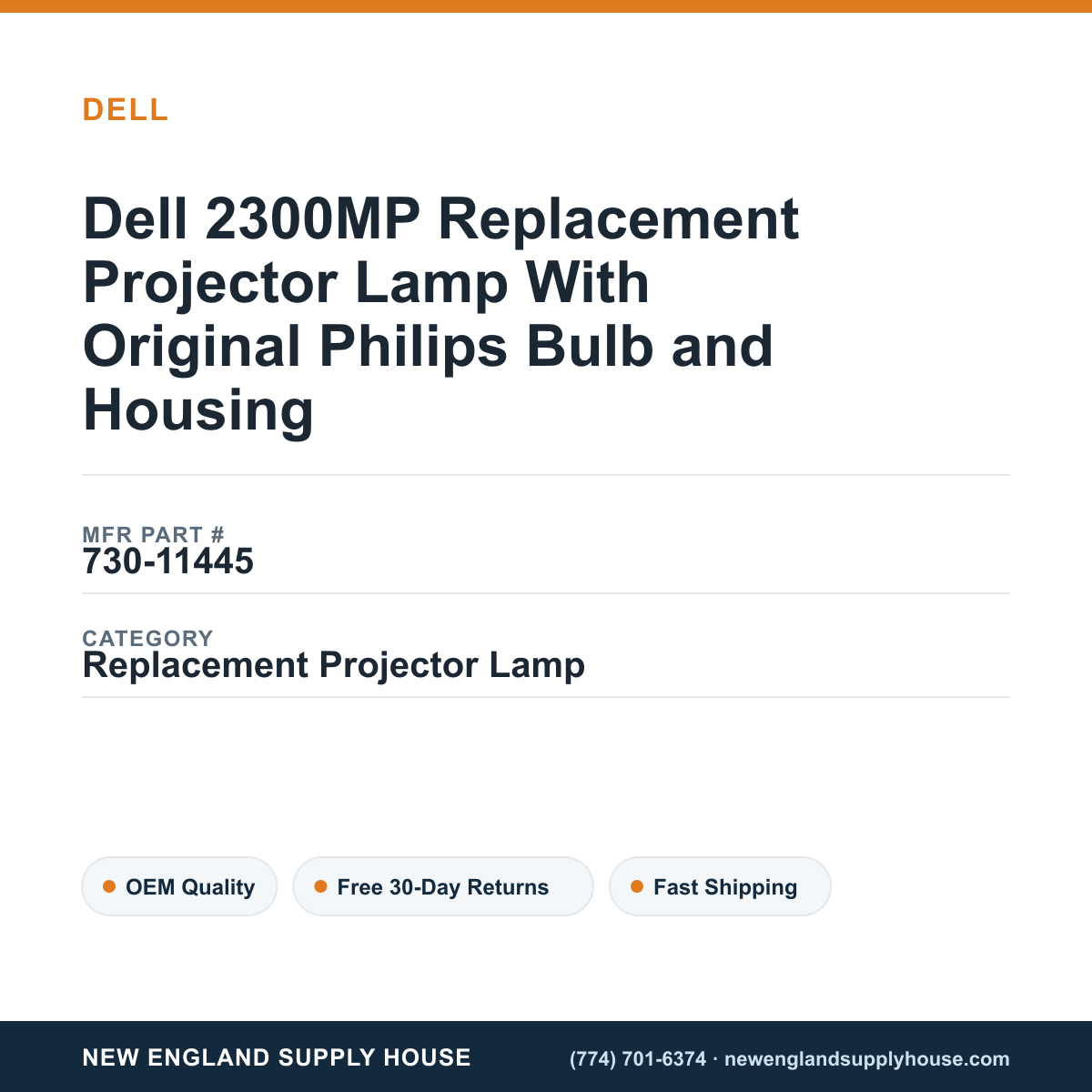 Dell 2300MP Replacement Projector Lamp With Original Philips Bulb and Housing — New England Supply House spec card [NESH-SPEC-CARD-V2]