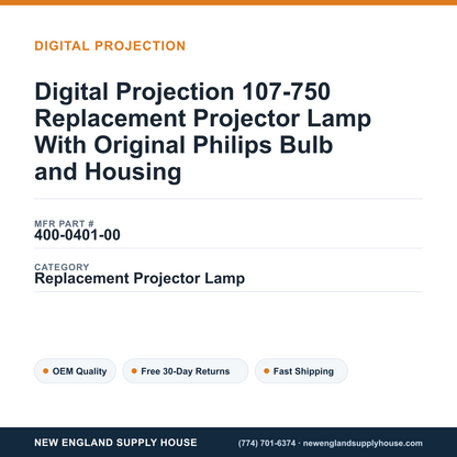 Digital Projection 107-750 Replacement Projector Lamp With Original Philips Bulb and Housing — New England Supply House spec card [NESH-SPEC-CARD-V2]