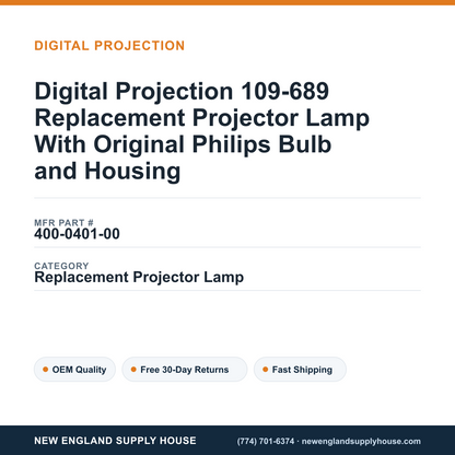 Digital Projection 109-689 Replacement Projector Lamp With Original Philips Bulb and Housing — New England Supply House spec card [NESH-SPEC-CARD-V2]
