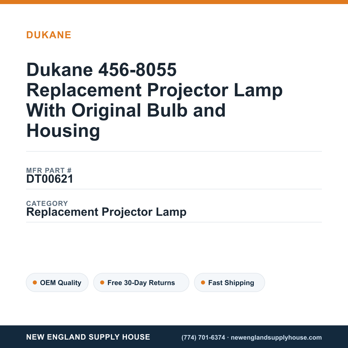 Dukane 456-8055 Replacement Projector Lamp With Original Bulb and Housing — New England Supply House spec card [NESH-SPEC-CARD-V2]