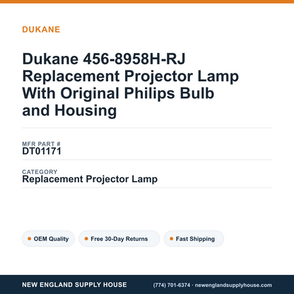 Dukane 456-8958H-RJ Replacement Projector Lamp With Original Philips Bulb and Housing — New England Supply House spec card [NESH-SPEC-CARD-V2]
