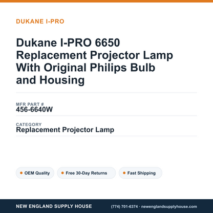 Dukane I-PRO 6650 Replacement Projector Lamp With Original Philips Bulb and Housing — New England Supply House spec card [NESH-SPEC-CARD-V2]