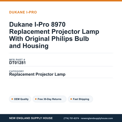 Dukane I-Pro 8970 Replacement Projector Lamp With Original Philips Bulb and Housing — New England Supply House spec card [NESH-SPEC-CARD-V2]