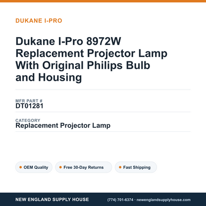 Dukane I-Pro 8972W Replacement Projector Lamp With Original Philips Bulb and Housing — New England Supply House spec card [NESH-SPEC-CARD-V2]
