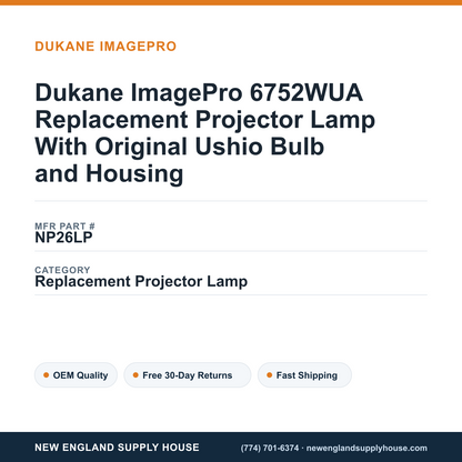Dukane ImagePro 6752WUA Replacement Projector Lamp With Original Ushio Bulb and Housing — New England Supply House spec card [NESH-SPEC-CARD-V2]