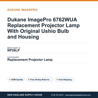 Dukane ImagePro 6762WUA Replacement Projector Lamp With Original Ushio Bulb and Housing — New England Supply House spec card [NESH-SPEC-CARD-V2]