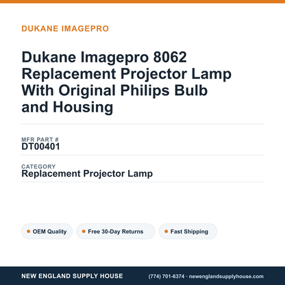 Dukane Imagepro 8062 Replacement Projector Lamp With Original Philips Bulb and Housing — New England Supply House spec card [NESH-SPEC-CARD-V2]