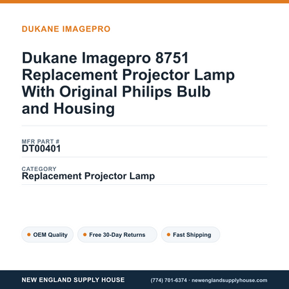 Dukane Imagepro 8751 Replacement Projector Lamp With Original Philips Bulb and Housing — New England Supply House spec card [NESH-SPEC-CARD-V2]