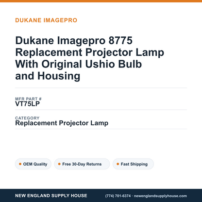 Dukane Imagepro 8775 Replacement Projector Lamp With Original Ushio Bulb and Housing — New England Supply House spec card [NESH-SPEC-CARD-V2]
