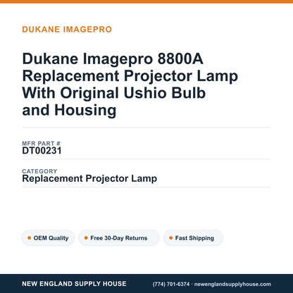 Dukane Imagepro 8800A Replacement Projector Lamp With Original Ushio Bulb and Housing — New England Supply House spec card [NESH-SPEC-CARD-V2]