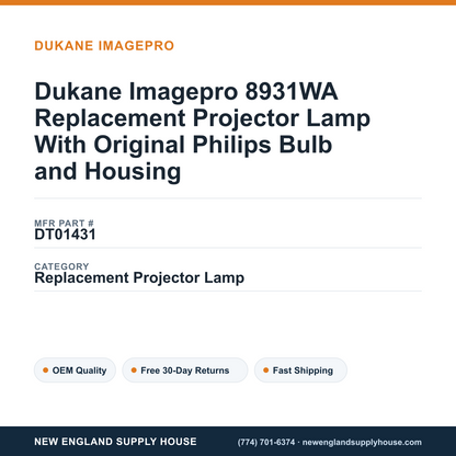 Dukane Imagepro 8931WA Replacement Projector Lamp With Original Philips Bulb and Housing — New England Supply House spec card [NESH-SPEC-CARD-V2]