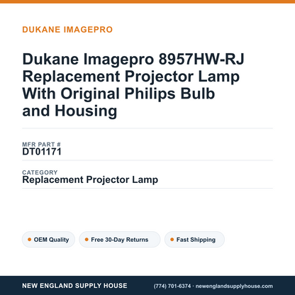 Dukane Imagepro 8957HW-RJ Replacement Projector Lamp With Original Philips Bulb and Housing — New England Supply House spec card [NESH-SPEC-CARD-V2]