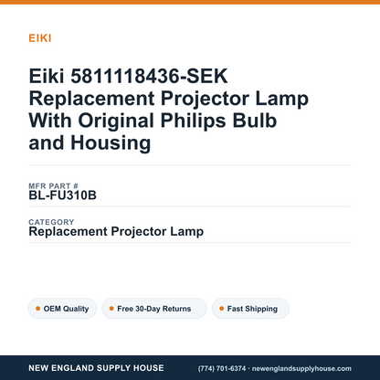 Eiki 5811118436-SEK Replacement Projector Lamp With Original Philips Bulb and Housing — New England Supply House spec card [NESH-SPEC-CARD-V2]