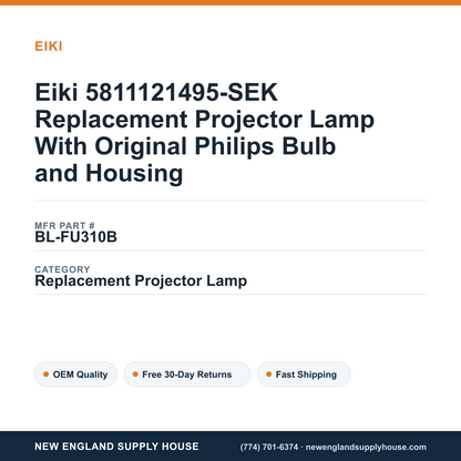 Eiki 5811121495-SEK Replacement Projector Lamp With Original Philips Bulb and Housing — New England Supply House spec card [NESH-SPEC-CARD-V2]