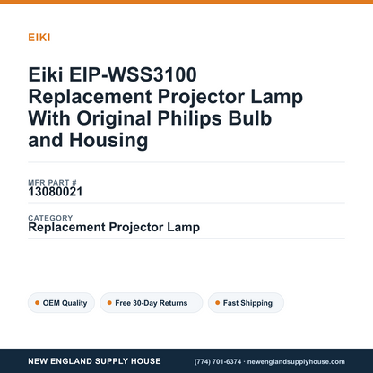 Eiki EIP-WSS3100 Replacement Projector Lamp With Original Philips Bulb and Housing — New England Supply House spec card [NESH-SPEC-CARD-V2]