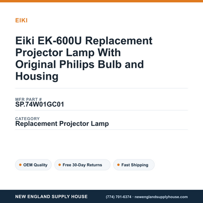 Eiki EK-600U Replacement Projector Lamp With Original Philips Bulb and Housing — New England Supply House spec card [NESH-SPEC-CARD-V2]
