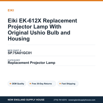 Eiki EK-612X Replacement Projector Lamp With Original Ushio Bulb and Housing — New England Supply House spec card [NESH-SPEC-CARD-V2]