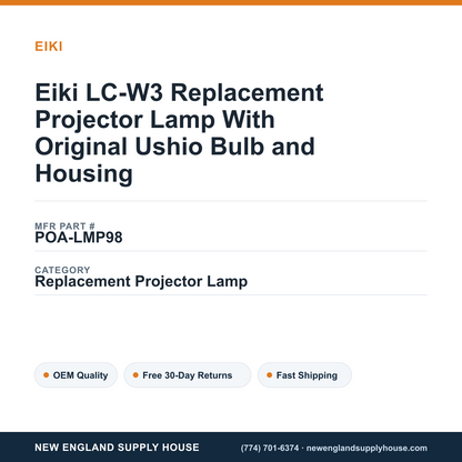 Eiki LC-W3 Replacement Projector Lamp With Original Ushio Bulb and Housing — New England Supply House spec card [NESH-SPEC-CARD-V2]