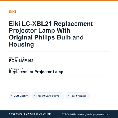 Eiki LC-XBL21 Replacement Projector Lamp With Original Philips Bulb and Housing — New England Supply House spec card [NESH-SPEC-CARD-V2]