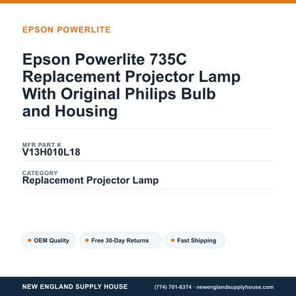 Epson Powerlite 735C Replacement Projector Lamp With Original Philips Bulb and Housing — New England Supply House spec card [NESH-SPEC-CARD-V2]