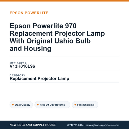Epson Powerlite 970 Replacement Projector Lamp With Original Ushio Bulb and Housing — New England Supply House spec card [NESH-SPEC-CARD-V2]