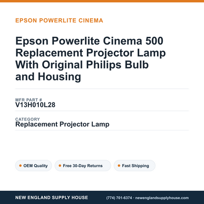 Epson Powerlite Cinema 500 Replacement Projector Lamp With Original Philips Bulb and Housing — New England Supply House spec card [NESH-SPEC-CARD-V2]