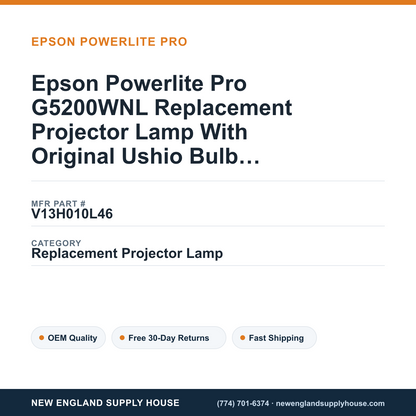 Epson Powerlite Pro G5200WNL Replacement Projector Lamp With Original Ushio Bulb and Housing — New England Supply House spec card [NESH-SPEC-CARD-V2]
