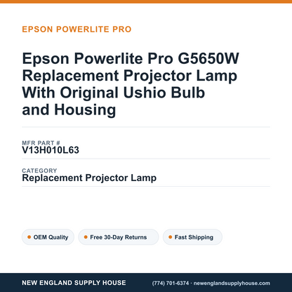 Epson Powerlite Pro G5650W Replacement Projector Lamp With Original Ushio Bulb and Housing — New England Supply House spec card [NESH-SPEC-CARD-V2]