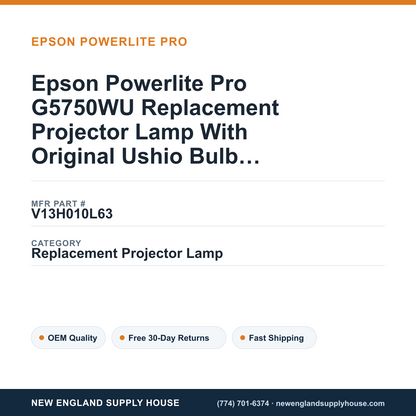 Epson Powerlite Pro G5750WU Replacement Projector Lamp With Original Ushio Bulb and Housing — New England Supply House spec card [NESH-SPEC-CARD-V2]