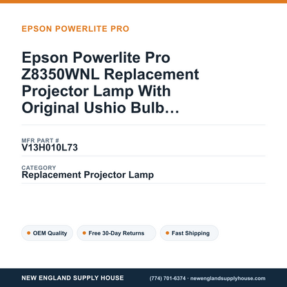 Epson Powerlite Pro Z8350WNL Replacement Projector Lamp With Original Ushio Bulb and Housing — New England Supply House spec card [NESH-SPEC-CARD-V2]